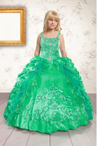 Green Lace Up Spaghetti Straps Beading and Appliques and Pick Ups Custom Made Pageant Dress Satin Sleeveless