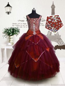 Great Fuchsia Tulle Lace Up Straps Sleeveless Floor Length Evening Gowns Beading and Belt