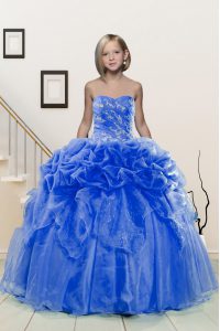 High Class Floor Length Lace Up Custom Made Pageant Dress Blue for Party and Wedding Party with Beading and Pick Ups