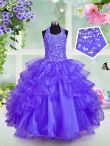 Blue Organza Lace Up Halter Top Sleeveless Child Pageant Dress Beading and Ruffled Layers