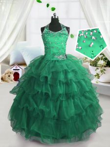 Peacock Green Winning Pageant Gowns Party and Wedding Party and For with Beading and Ruffled Layers Scoop Sleeveless Lace Up