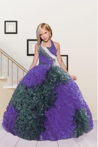 Halter Top Sleeveless Lace Up Winning Pageant Gowns Eggplant Purple Fabric With Rolling Flowers