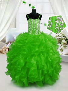 Fashionable Green Spaghetti Straps Lace Up Beading and Ruffles Pageant Dress for Teens Sleeveless