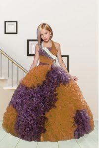 Purple and Orange Lace Up Halter Top Beading and Ruffles Glitz Pageant Dress Fabric With Rolling Flowers Sleeveless