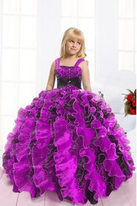 Floor Length Lace Up Custom Made Pageant Dress Fuchsia for Military Ball and Sweet 16 and Quinceanera with Beading and Ruffles