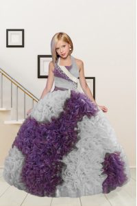 Customized Halter Top Sleeveless Kids Formal Wear Floor Length Beading and Ruffles White And Purple Fabric With Rolling Flowers