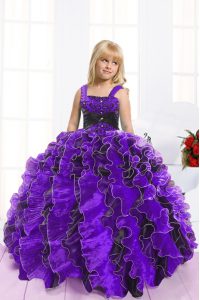 Blue And Black Sleeveless Beading and Ruffles Floor Length Little Girl Pageant Gowns