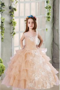 Popular Champagne Square Neckline Lace and Ruffled Layers Evening Gowns Sleeveless Zipper