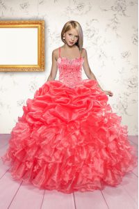 Pick Ups Spaghetti Straps Sleeveless Lace Up Little Girl Pageant Gowns Coral Red Organza