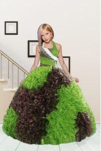 Halter Top Floor Length Apple Green and Chocolate Winning Pageant Gowns Fabric With Rolling Flowers Sleeveless Beading and Ruffles