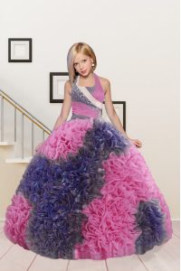 Halter Top Pink and Dark Purple Sleeveless Floor Length Beading and Ruffles Lace Up Kids Pageant Dress