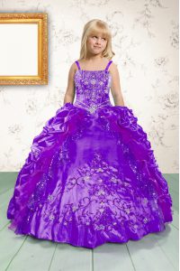 Purple Ball Gowns Satin Spaghetti Straps Sleeveless Beading and Appliques and Pick Ups Floor Length Lace Up Little Girls Pageant Dress Wholesale