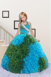 Halter Top Sleeveless Floor Length Beading and Ruffles Lace Up Glitz Pageant Dress with Baby Blue and Green