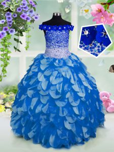 Sequins Off The Shoulder Short Sleeves Lace Up Little Girl Pageant Dress Blue Organza
