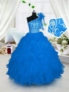 Floor Length Aqua Blue Glitz Pageant Dress One Shoulder Sleeveless Lace Up