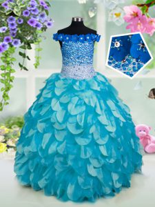 Off The Shoulder Sleeveless Pageant Dress for Girls Floor Length Beading and Sashes ribbons and Sequins Turquoise Organza