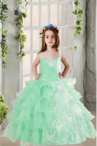 Turquoise Organza Lace Up Square Sleeveless Floor Length Pageant Dress Wholesale Lace and Ruffled Layers