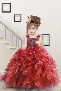 Watermelon Red Ball Gowns Beading and Ruffles Pageant Dress Womens Lace Up Organza Sleeveless Floor Length