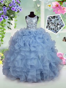Scoop Light Blue Sleeveless Floor Length Ruffles and Sequins Zipper Evening Gowns
