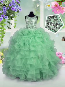 Affordable Scoop Apple Green Zipper Little Girls Pageant Gowns Ruffles and Sequins Sleeveless Floor Length