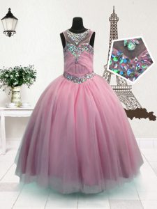 Pink Ball Gowns Organza Scoop Sleeveless Beading Floor Length Zipper Little Girl Pageant Dress