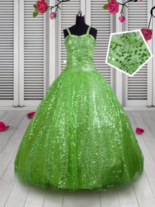 Sleeveless Sequined Floor Length Lace Up Little Girls Pageant Dress in Apple Green with Beading and Sequins