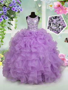 Pretty Scoop Sleeveless Floor Length Ruffles and Sequins Zipper Little Girls Pageant Dress with Lavender