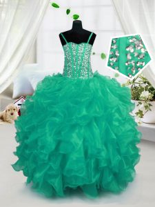 Stylish Spaghetti Straps Sleeveless Lace Up Little Girl Pageant Dress Turquoise Organza