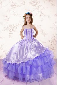 Modern Lavender Ball Gowns Spaghetti Straps Sleeveless Organza Floor Length Lace Up Embroidery and Ruffled Layers Little Girl Pageant Gowns