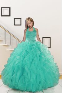Halter Top Turquoise Ball Gowns Beading and Ruffles Pageant Gowns Lace Up Organza Sleeveless Floor Length