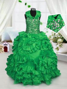 Halter Top Green Taffeta Zipper Pageant Dress Wholesale Sleeveless Floor Length Beading and Ruffles