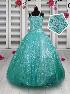 High Quality Sequins Ball Gowns Pageant Dress Womens Turquoise Straps Sequined Sleeveless Floor Length Lace Up