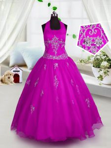 Halter Top Floor Length Lace Up Little Girls Pageant Gowns Fuchsia for Party and Wedding Party with Appliques