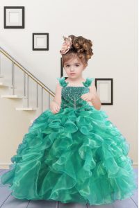 Straps Sleeveless Pageant Dress for Teens Floor Length Beading and Ruffles Turquoise Organza