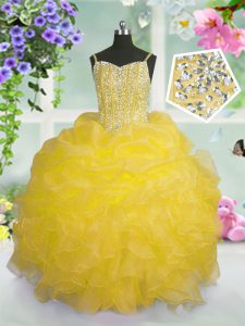 Gold Lace Up Spaghetti Straps Beading and Ruffles and Pick Ups Little Girl Pageant Dress Organza Sleeveless