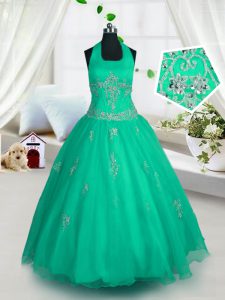 Tulle Halter Top Sleeveless Lace Up Appliques Pageant Dress for Teens in Green