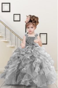Sleeveless Organza Floor Length Lace Up Custom Made Pageant Dress in Grey with Beading and Ruffles