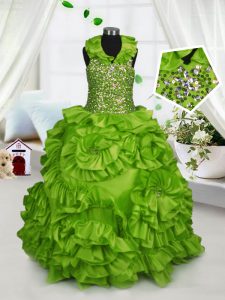 Stunning Olive Green Taffeta Zipper Halter Top Sleeveless Floor Length Pageant Gowns Beading and Ruffles