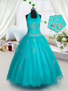 Trendy Halter Top Aqua Blue Lace Up Evening Gowns Appliques Sleeveless Floor Length
