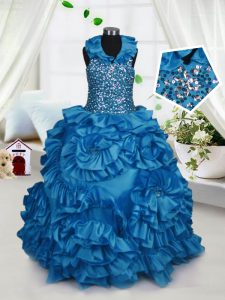 Trendy Halter Top Teal Sleeveless Floor Length Beading and Ruffles Zipper Pageant Gowns