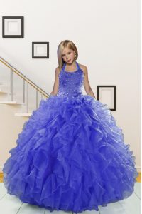 Blue Lace Up Halter Top Beading and Ruffles Kids Pageant Dress Organza Sleeveless