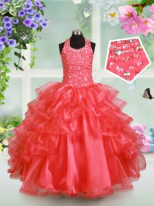 Fashionable Halter Top Sleeveless Floor Length Beading and Ruffled Layers Lace Up Pageant Dresses with Watermelon Red