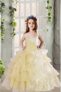 Floor Length Lace Up Pageant Dress Toddler Light Yellow for Party and Wedding Party with Lace and Ruffled Layers