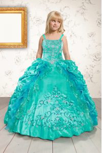 Aqua Blue Ball Gowns Beading and Appliques and Pick Ups Winning Pageant Gowns Lace Up Satin Sleeveless Floor Length