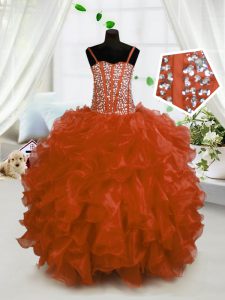 Sweet Floor Length Rust Red Pageant Dresses Organza Sleeveless Beading and Ruffles
