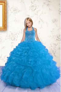 Mermaid Aqua Blue Pageant Dress for Teens Party and Wedding Party and For with Beading and Ruffles Halter Top Sleeveless Lace Up
