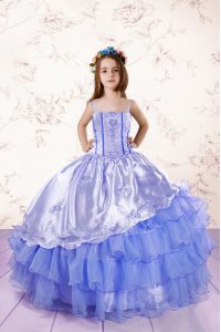 Floor Length Lace Up Winning Pageant Gowns Baby Blue for Party and Wedding Party with Embroidery and Ruffled Layers