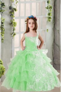 Apple Green Ball Gowns Lace and Ruffled Layers Evening Gowns Lace Up Organza Sleeveless Floor Length
