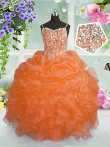 Floor Length Lace Up Custom Made Pageant Dress Orange for Party and Wedding Party with Beading and Ruffles and Pick Ups