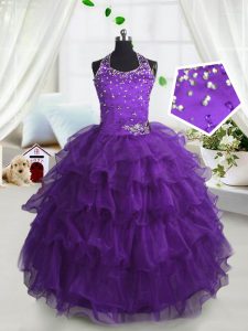 Charming Scoop Ruffled Floor Length Ball Gowns Sleeveless Purple Pageant Dress Womens Lace Up